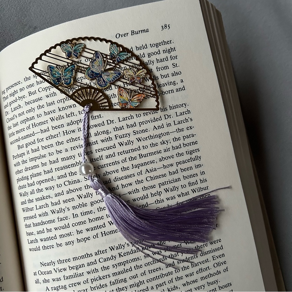 Colourful Butterflies! ~ Fan Shaped Bookmark ~ Purple Tassel ~ Brand New!
